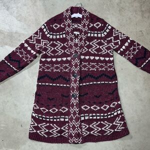 J Jill Womens Med burgundy wine Southwest duster long cardigan Sweater pockets